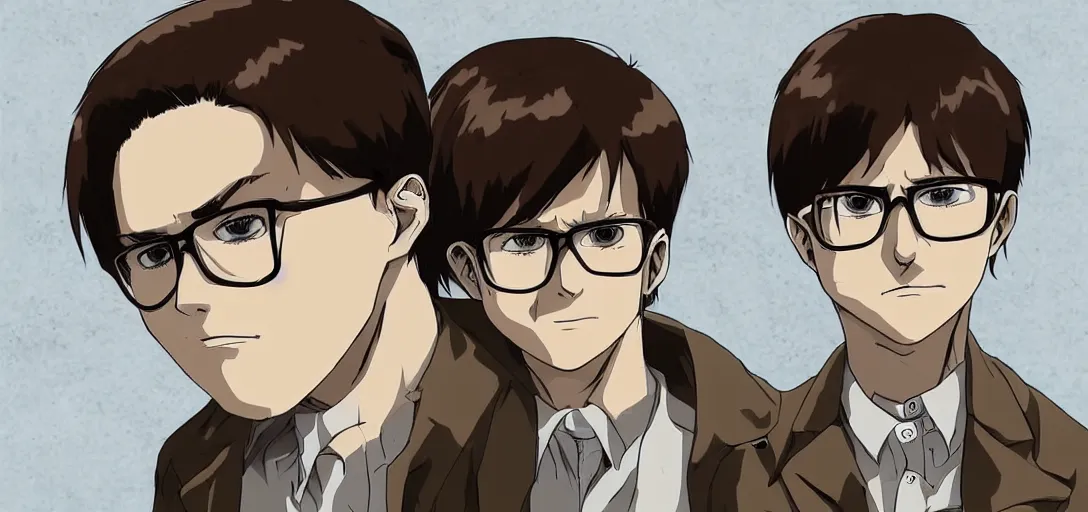 Prompt: white boy with brown hair and glasses in the style of attack on titan