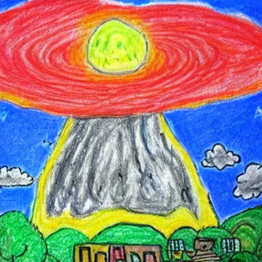 Image similar to a child's crayon drawing of a nuclear explosion