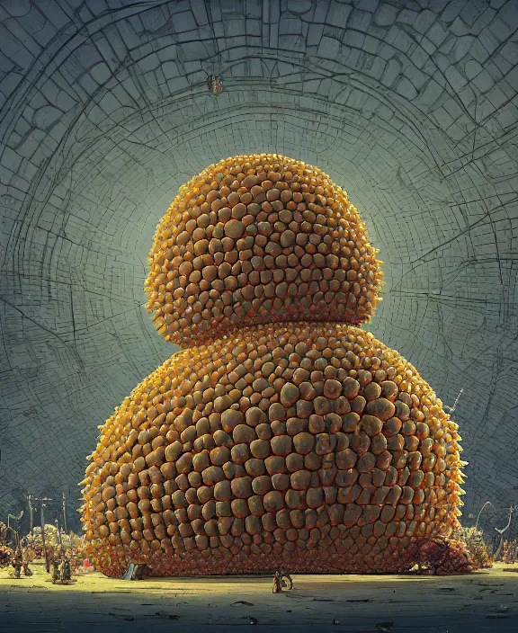 Prompt: inflated church made from obese urchin mollusks, in the style of a puffy spaceship, skeletons, bones, partly cloudy, spooky, dramatic lighting, by geof darrow, bill sienkiewicz, dan mumford, yusuke murata, makoto shinkai, ross tran, cinematic, unreal engine, cel shaded, featured on artstation, pixiv