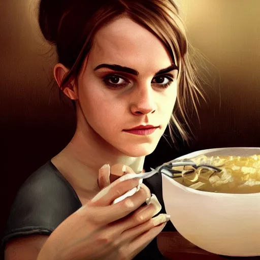 Image similar to portrait of emma watson eating a bowl of worms, trending on artstation