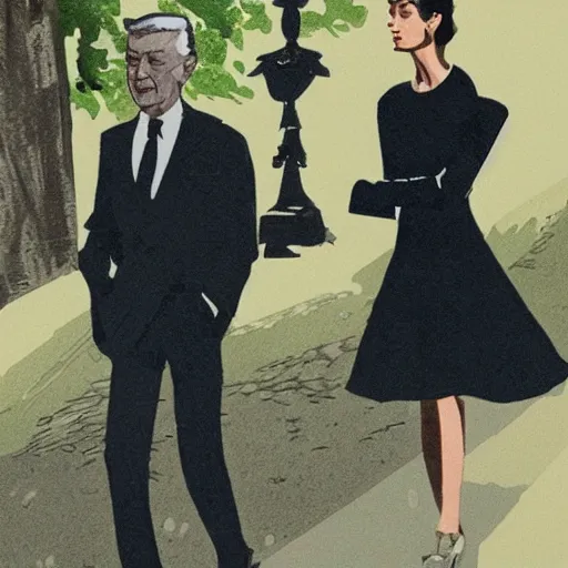 Image similar to illustration of Hubert de givenchy and Audrey Hepburn talking a walk highly detailed, cinematic