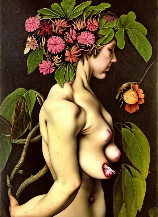 Image similar to beautiful rotten woman morphing into plants and many different types of beautiful flowers, muscles, organs, surreal, miguel angel, gustave courbet, caravaggio, romero ressendi