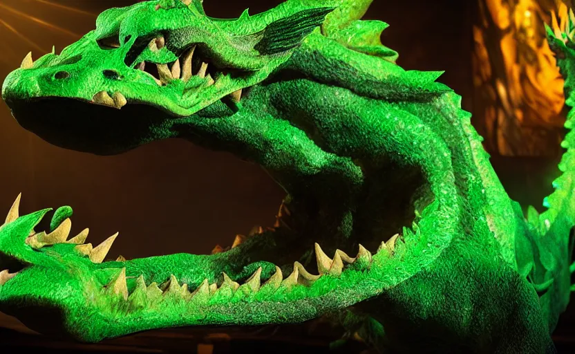 Prompt: green dragon, smiling, studio shot, volumetric lighting