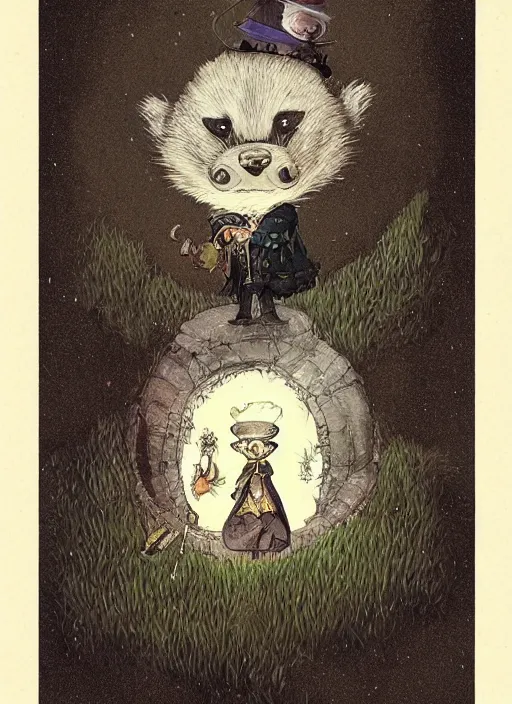 Prompt: a fantasy chibi illustration portrait of an anthropomorphic badger mage, by victo ngai, by stephen gammell, by george ault, artstation