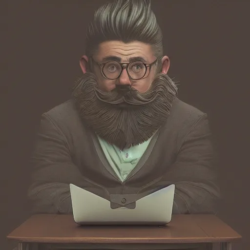 Prompt: young gnome - like man, oversized brown beard and mustache, macbook on his lap, wispy smoke, surreal, art nouveau, photorealistic, octane render, unreal engine, mucha, magritte, artgerm, greg rutkowski, trending on artstation, super detailed, 8 k, control the soul