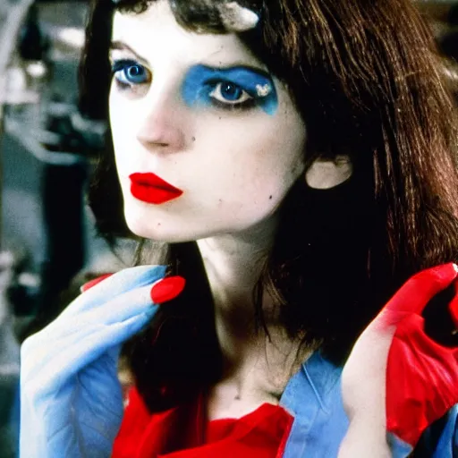 Prompt: pale skin, red lips, blue eyes woman working in a factory. folk horror