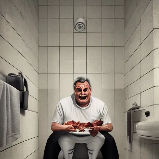 Prompt: viktor orban with detailed eyes and evil smile, sitting on the toilet and eating bacon by greg rutkowski, highly detailed, octane render, 4 k, 8 k, hdr, cgsociety, amazing lightning, masterpiece