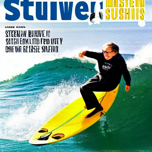 Image similar to stephen hawking catching a wave, cover of surfer magazine, july 2 0 1 1