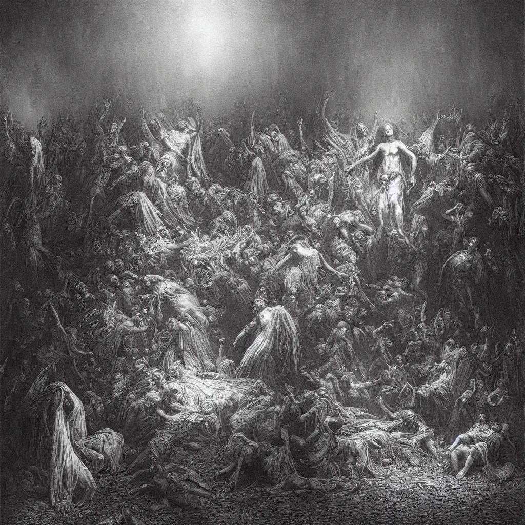 Prompt: the resurrection, creepy atmosphere, dark, portrait, realistic, very realistic, illustration by gustave dore