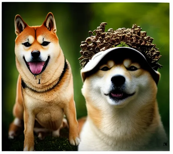 Image similar to a portrait of shiba inu with a mushroom cap growing on its head by luis royo. intricate. lifelike. soft light. sony a 7 r iv 5 5 mm. cinematic post - processing