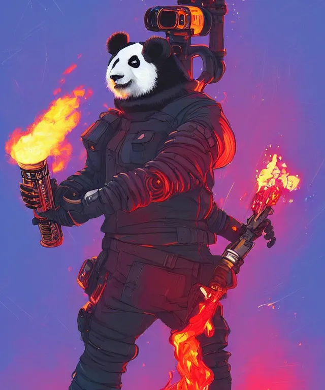 Image similar to a portrait of a cyberpunk panda holding a flamethrower, fantasy, elegant, digital painting, artstation, concept art, matte, sharp focus, illustration, art by josan gonzalez