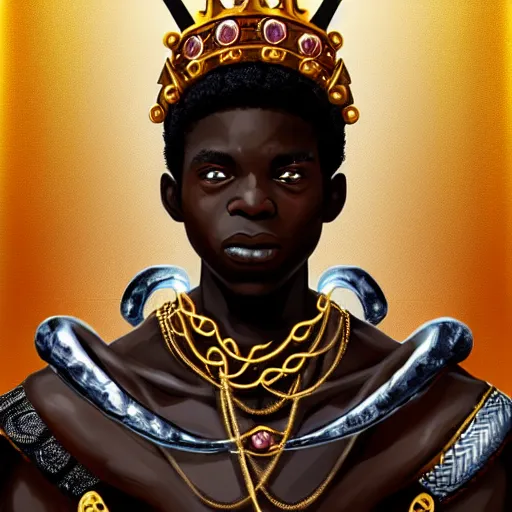 Image similar to a young black boy dressed like an african moorish warrior, wearing golden armor and a crown with a ruby and a black diamond in his forehead, posing with a very ornate glowing electric spear!!!!!!!!, for honor character digital illustration portrait design, by android jones in a psychedelic fantasy style, dramatic lighting, hero pose, wide angle dynamic portrait