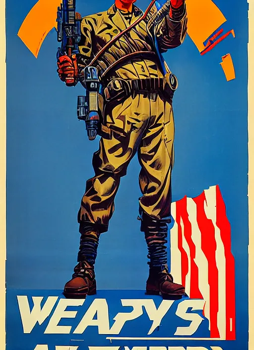 Prompt: american propaganda poster. cyberpunk heavy weapons guy. portrait by jean giraud and anton otto fischer and john philip falter and will eisner and gil elvgren