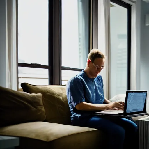 Prompt: Man alone on his computer in the living room of his apartment at night