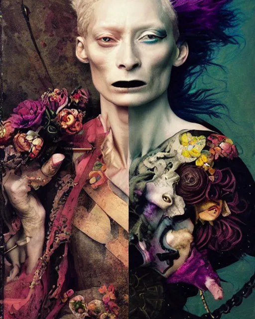 Image similar to portrait of a medieval warrior tilda swinton, goth punk, floral flowers, rainbow colors, surreal, a flemish baroque by alexander mcqueen, art by john collier by greg rutkowski and craig mullins, oil on canvas