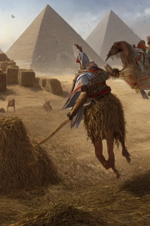 Prompt: ezio audotire falling on top of a cart filled with haystack, background has pyramids and dromedaries walking by, digital art, trending on artstation, 4 k