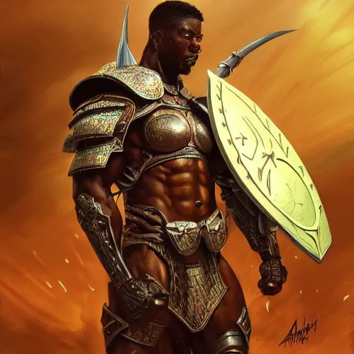 Image similar to a muscular african warrior with cyberkenetic armor standing in a heroic pose holding a shield, ultra realistic, concept art, intricate details, eerie, horror, highly detailed, photorealistic, octane render, 8 k, unreal engine. art by artgerm and greg rutkowski and alphonse mucha