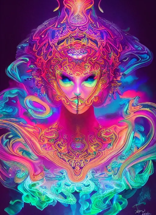 Image similar to psychedelic [ [ [ chemiluminescence ] ] ] elegant woman chakra spirit with smoke and fluid dynamics, colorful, psychedelic, ornate, intricate, digital painting, concept art, smooth, sharp focus, illustration, blacklight reacting, art by artgerm and greg rutkowski