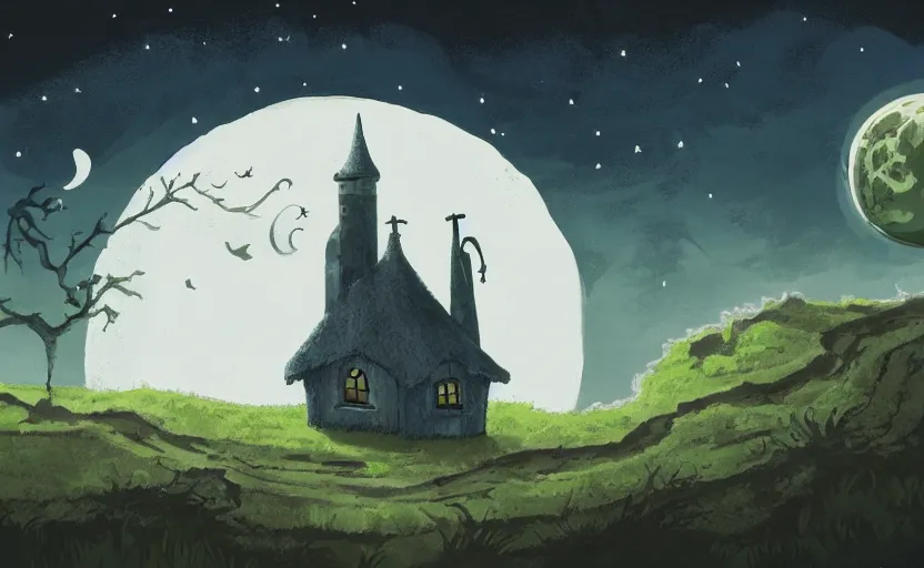 Prompt: a witch's cottage on a lonely hill against a giant moon, storybook, gouache, flat, concept art, lush