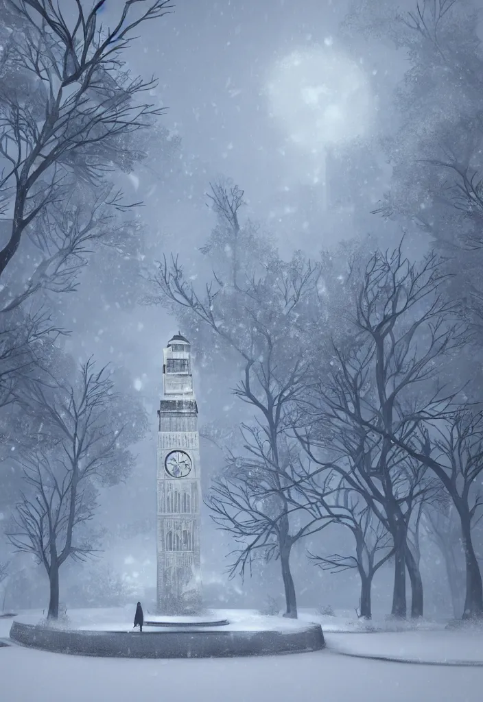 Prompt: arusha's clock tower covered in snow fantasy, trending on artstation, digital art.