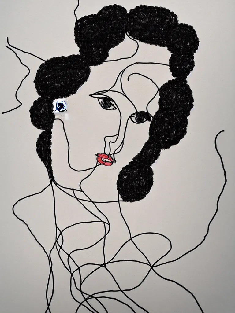 Image similar to beautiful elegant female portrait, black wire art, inspired by single line drawings from egon schiele, the bauhaus, henri matisse.