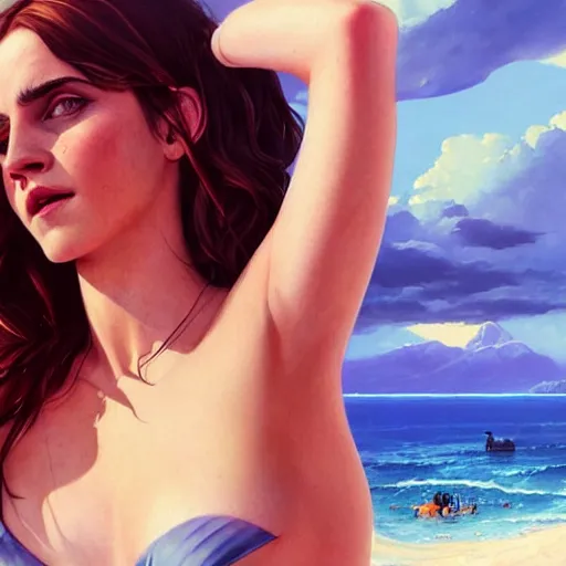 Prompt: highly detailed painting of emma watson wearing a bikini, gta 5 cover art style, stephen bliss, 8 k, by greg rutkowski, loish, rhads, artgerm, ferdinand knab, makoto shinkai and lois van baarle, ilya kuvshinov, rossdraws, global illumination, radiant light, detailed and intricate environment