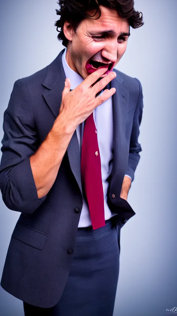 Image similar to Trudeau in a skirt crying , Studio lighting, shallow depth of field. Professional photography, lights, colors,4K