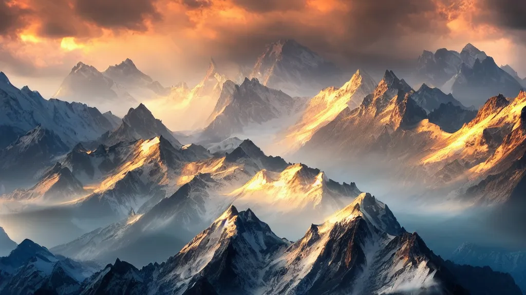 Prompt: amazing landscape photo of mountains with dragons flying over by marc adamus, beautiful dramatic lighting