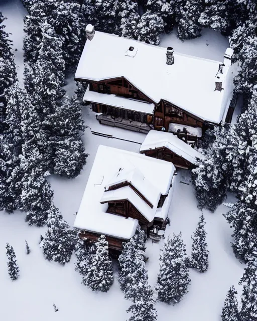 Prompt: hidden mansion in the alps with snow covered roof, zoomed out, shot from drone, iphone capture