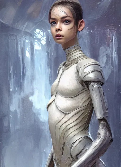 Image similar to a professional painting of a beautiful young female alien, clothed in ethereal armor, olive skin, long dark hair, beautiful bone structure, symmetrical facial features, intricate, elegant, digital painting, concept art, smooth, sharp focus, illustration, from Valerian and the City of a Thousand Planets, by Ruan Jia and Mandy Jurgens and Artgerm and William-Adolphe Bouguerea