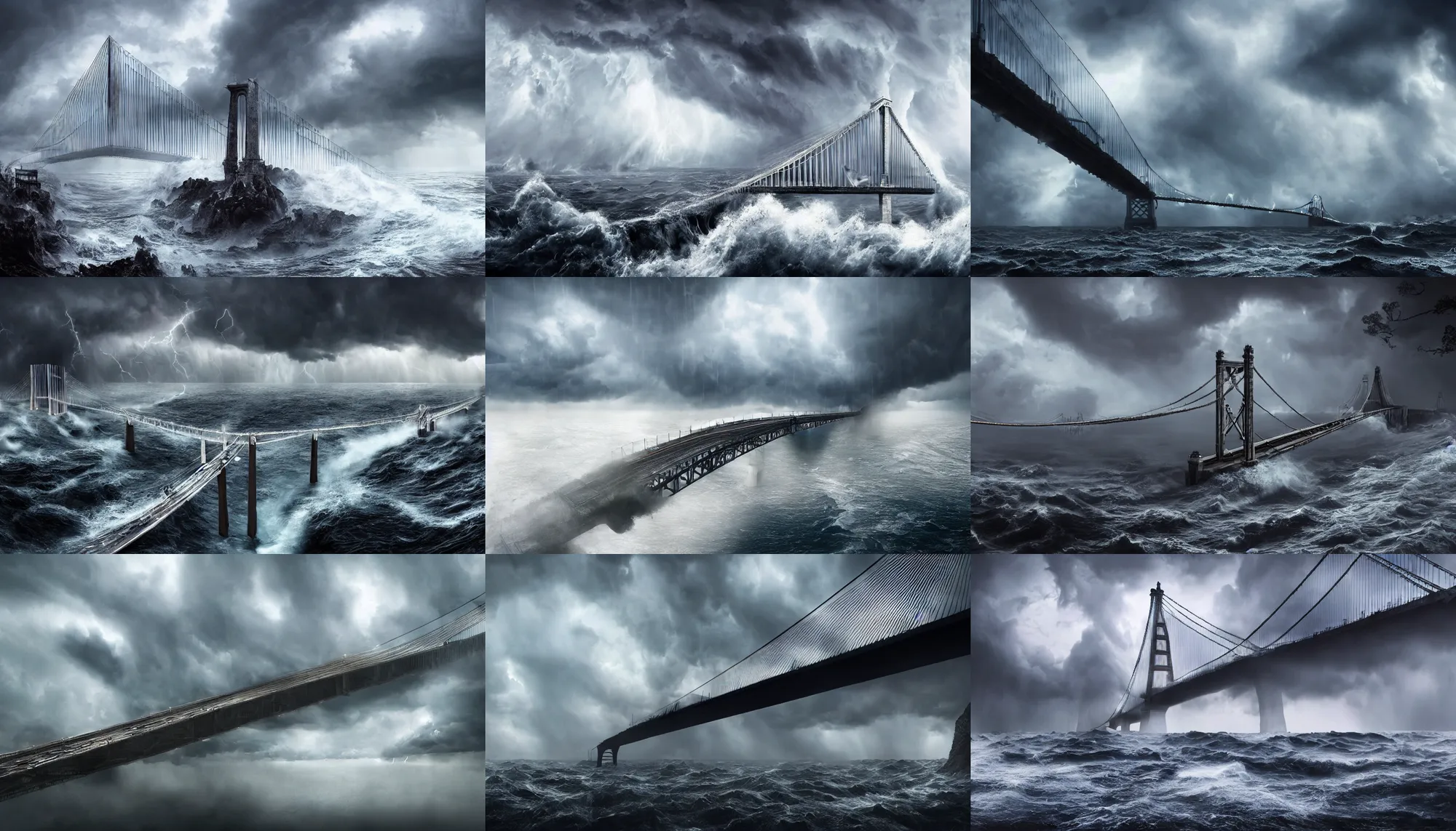 Image similar to Epic Realistic Eerie picture of a huge suspension bridge over stormy ocean, ocean waves, storm, lighting, beautiful detailed stormy clouds over a huge bridge over troubled dark water, Elaborate, Highly Detailed Architecture trending on Artstation hyperdetailed detailed matte painting Unreal Engine Art of Illusion mysterious ominous ethereal expansive, 4K 64 megapixels 8K resolution DSLR HDR Cinema 4D IMAX detailed hyperdetailed photorealistic concept art detailed painting deviantart hyperrealism trending on Artstation Unreal Engine,landscape polished photorealistic landscape polished photorealistic Photorealism, lifelike Geometric, realistic, amazing depth expansive realistic photo-like painting by Caspar David,highly intricate, sophisticated and complex digital painting, hyperrealism, Cinema 4D, 8k resolution, 64 megapixels, CGSociety, ZBrushCentral, behance HD, hypermaximalist, a masterpiece,erie disturbing anxious epic amazing disturbing causing anxiety,soft focus macro lens macro photography panorama golden hour filmic long exposure Art of Illusion Artrift AutoCAD rendered in Blender shadow depth Sketchlab r/Art deviantart