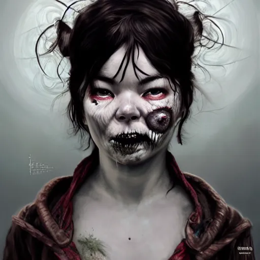 Image similar to head portrait of clothed young adult bjork as a zombie, 7 days to die zombie, gritty background, fine art, award winning, intricate, elegant, sharp focus, cinematic lighting, digital painting, 8 k concept art, art by michael hussar, art by brom, art by guweiz and z. w. gu, 8 k