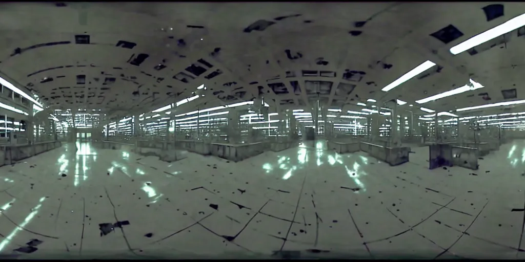 Image similar to abandoned human robot android factory in a mall, distorted 8 mm video still