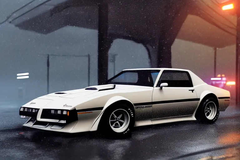 Image similar to hyperdetailed, photorealistic photograph of a 1 9 8 2 pontiac firebird trans - am drifting in the streets, rain, night, dense fog, hd, unreal engine 5 by greg rutowski, by stanley artgerm, by alphonse mucha