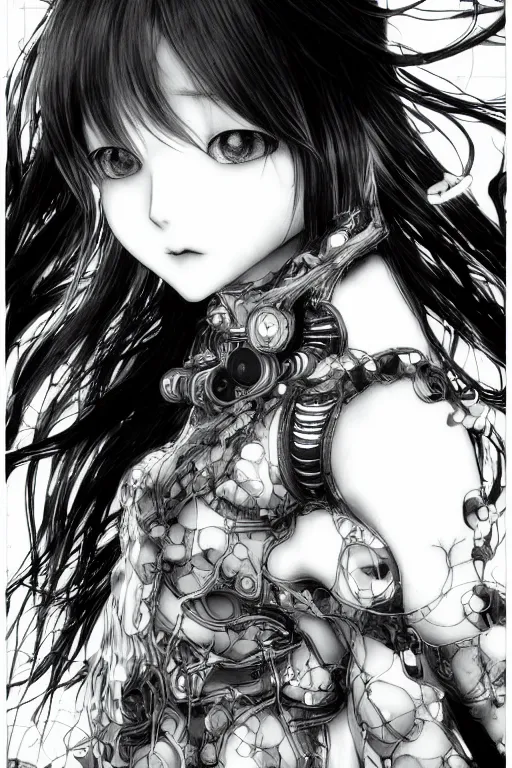 Image similar to a vertical portrait of a character in a scenic environment by Yoshitaka Amano, black and white, dreamy, cybernetic suit, wavy long black hair, highly detailed