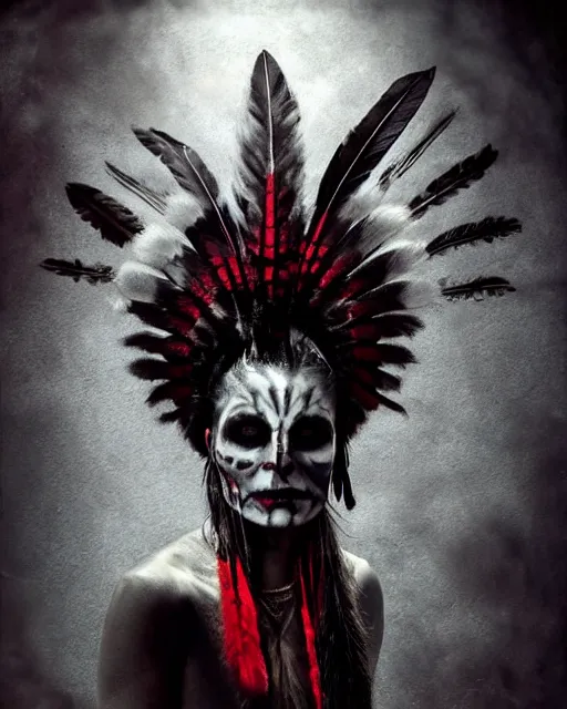 Image similar to lady native sisters ghost - spirit of the grim - warpaint wears the scarlet skull armor and native blood headdress feathers, midnight fog - mist!, dark oil painting colors, realism, cinematic lighting, various refining methods, micro macro autofocus, ultra definition, award winning photo, photograph by ghostwave - gammell - giger - shadowlord