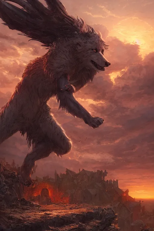 Image similar to a beautiful artwork illustration, Fenrir standing over a medieval village at sunset, destruction, by Greg Rutkowski and Jesper Ejsing and Raymond Swanland, featured on artstation, wide angle, vertical orientation