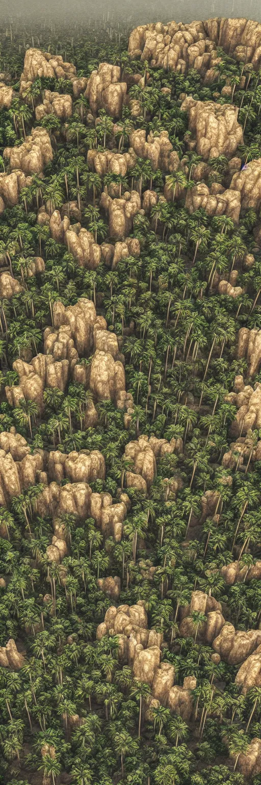 Image similar to photo of vertical golden village, arid mountains and lush palm forest, photo realism, sharp focus, octane