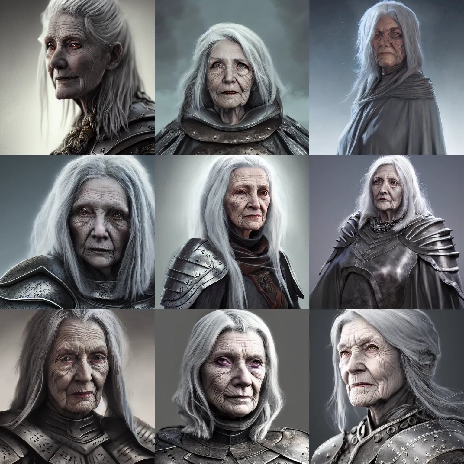 Prompt: An epic fantastic realism comic book style portrait painting of an old woman in armor, female, long grey hair, cloak, D&D Concept Art, unreal 5, DAZ, hyperrealistic, octane render, cosplay, RPG portrait, dynamic lighting