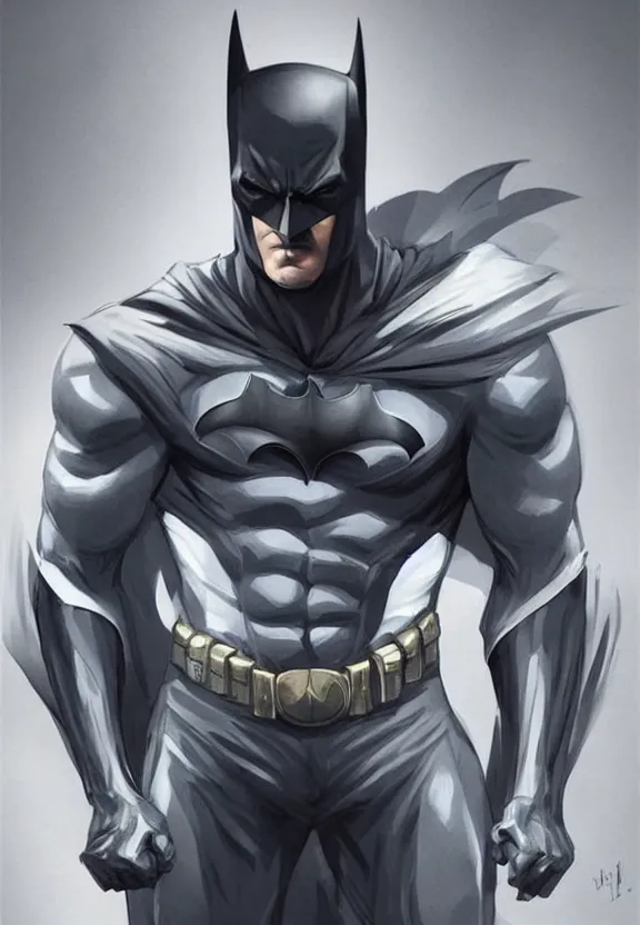 Prompt: a cute calm handsome young adult male muscular slim blu skin batman with grey light tight clothes concept art in the style of lee bermejo and greg rutkowski