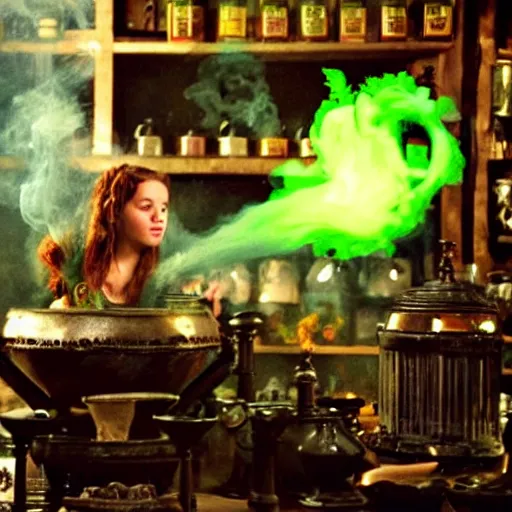 Prompt: teen witch mixing a spell in a cauldron, wispy smoke, studio photography, a black cat, green glowing smoke is coming out of the cauldron, ingredients on the table, apothecary shelves in the background, still from the tv show