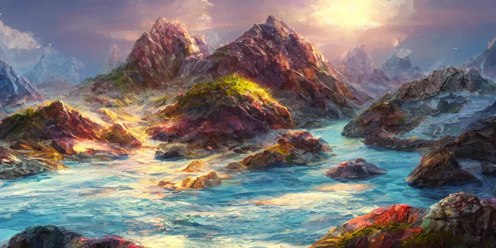 Image similar to salt covered islands surrounded by colourful rugged crystal quartz mountains, illustration, bright sunlight, sun glints, sunrays, digital art, oil painting, fantasy, 8 k, trending on artstation, detailed