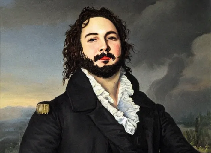 Image similar to romanticism painting of post malone during the french revolution