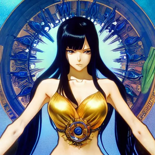 Image similar to highly detailed vfx portrait of nico robin by eiichiro oda, makoto shinkai, alphonse mucha, sharp focus, art by artgerm and greg rutkowski!, backlit, harsh overhead sunlight, blue eyes, stanley kybric, pixiv, fanbox,