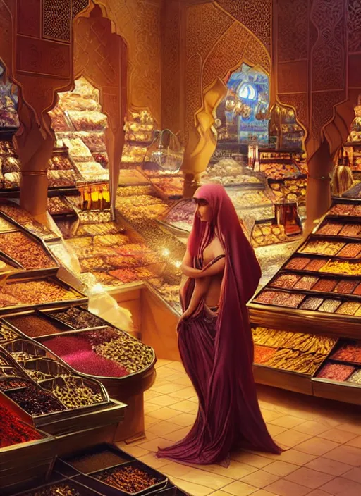 Image similar to a young arabian lady shopping at a desert spice market, shiny, fantasy, intricate, elegant, hyper detailed, ultra definition, photoreal, artstation, unreal engine rendered, concept art, smooth, sharp focus, illustration, art by artgerm and greg rutkowski and alphonse mucha and garis edelweiss