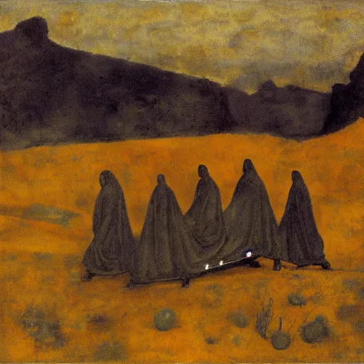 Image similar to serene, dull by ambrosius benson, by emil nolde. a illustration of a coffin being carried by six men through an ethereal, otherworldly landscape. the men are all wearing hooded cloaks. the landscape is eerie & foreboding, with jagged rocks & eerie, glowing plants.