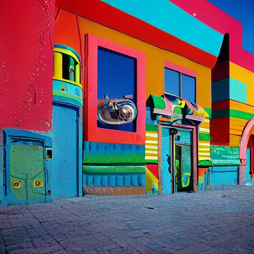 Image similar to freddy mamani, new andean architectire, hyper realism, city, colorfu, l postmodern, cyberpunk, el alto