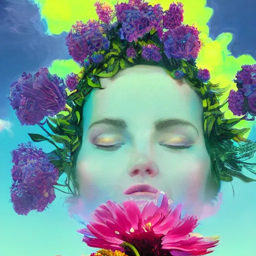 Image similar to head made of giant flowers, girl dancing in a vast flower field, arms behind back, surreal photography, sunrise dramatic light, impressionist painting, colorful clouds, large sky, digital painting, artstation, simon stalenhag, flower face