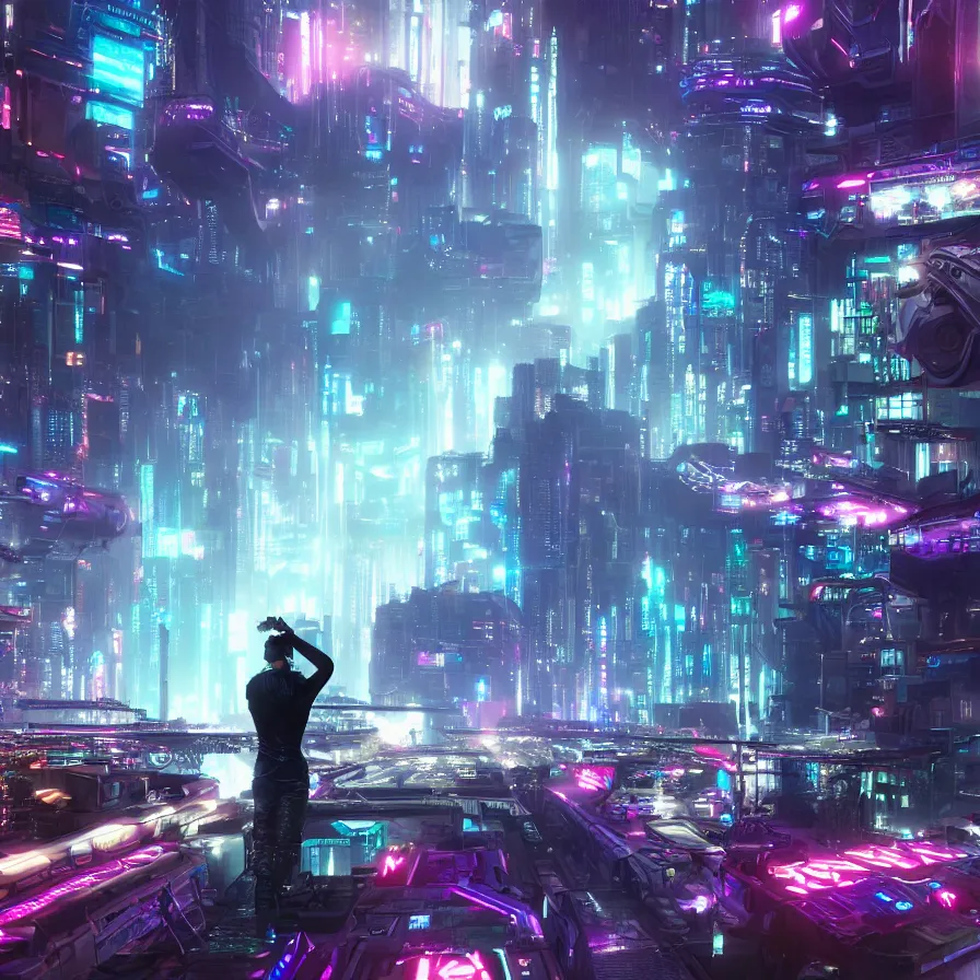 Image similar to a cybernetic dj performing in a cyberpunk city by juan p. osorio and leon tukker, album cover, beautiful modern colors, 4 k ultra,