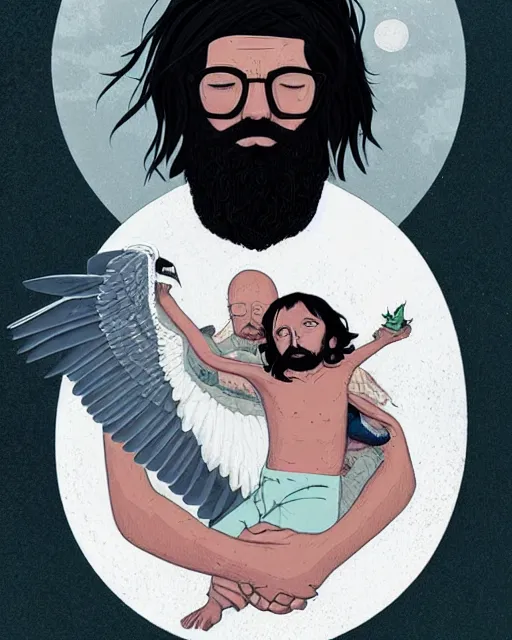 Image similar to portrait of an unkle moon with long black hair and beard and his imaginary bird friend dudek, fine portrait, beautiful, realistic, magical, by tomer hanuka